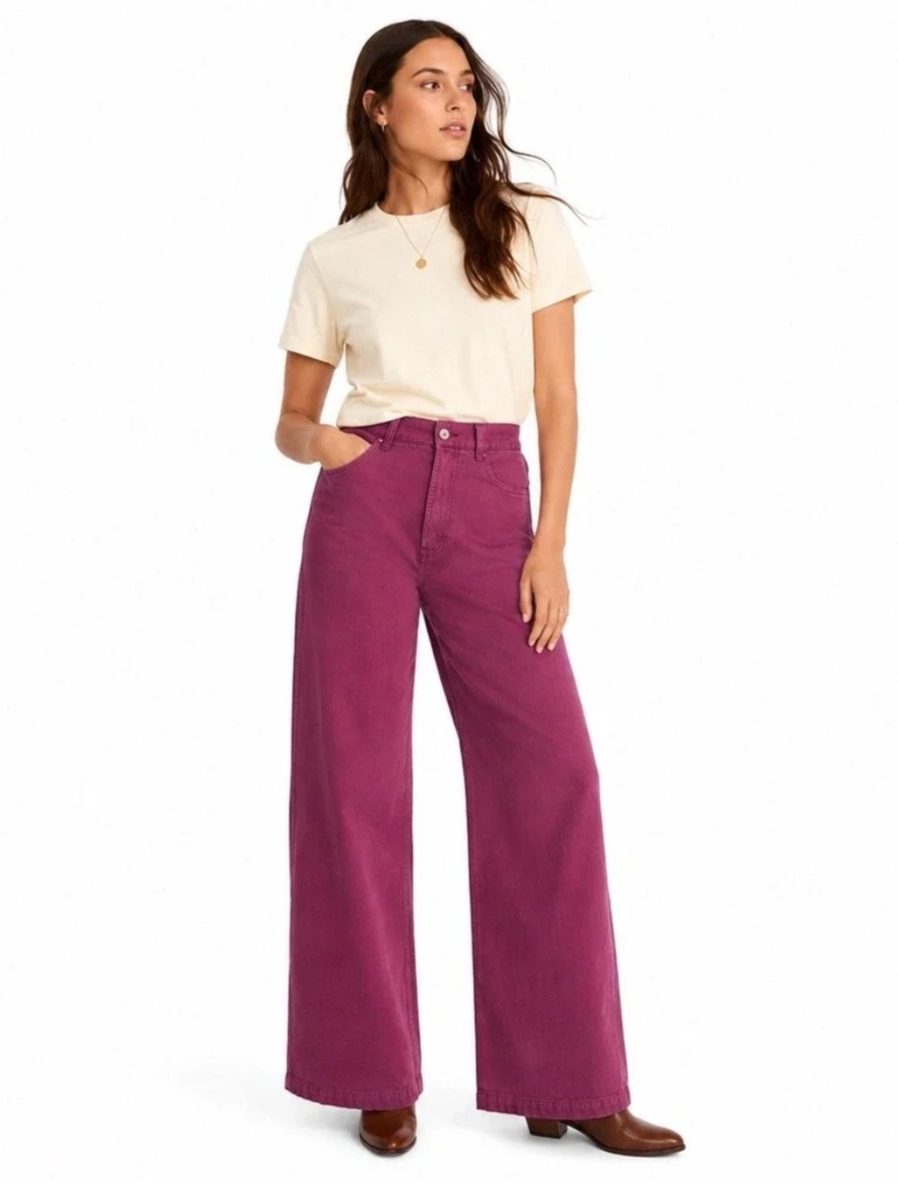 Madewell Emmett Wide-Leg Pants Size 31 Berry Red Pink Cotton Stretch High Rise